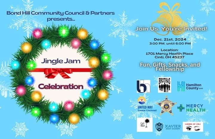 Official flyer for Bond Hill Community Council and Brothas Inc. Jingle Jam Celebration on December 21, 2024 at Mercy Health Place