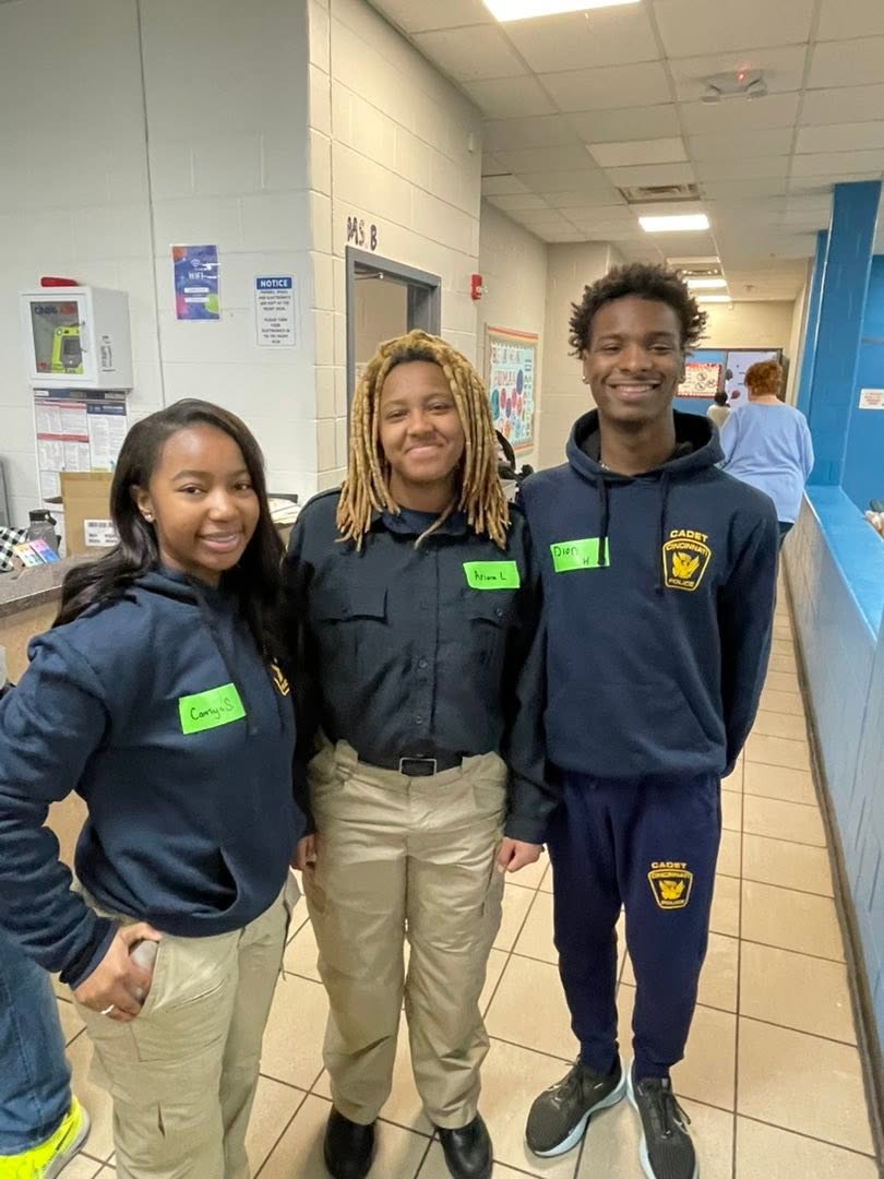 Three Cincinnati Police cadets volunteering at Saturday Hoops