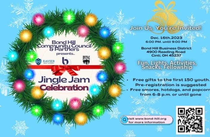 Official flyer for Brothas Inc. Jingle Jam Celebration December 16, 2023 at the Bond Hill Business District