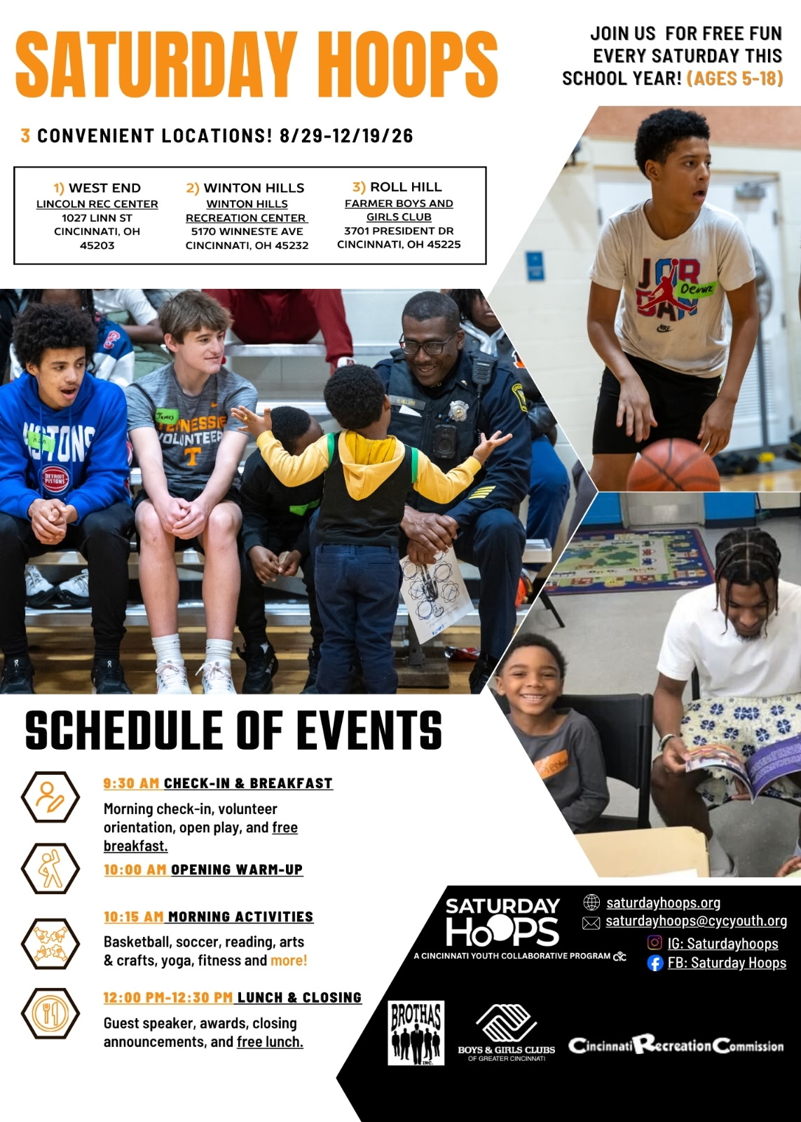 Saturday Hoops flyer — free fun every Saturday, ages 5 to 18