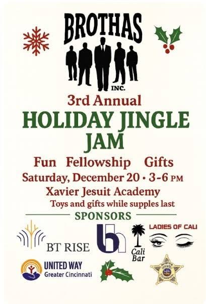 Official flyer for Brothas Inc. 3rd Annual Holiday Jingle Jam on Saturday December 20, 2025 at Xavier Jesuit Academy